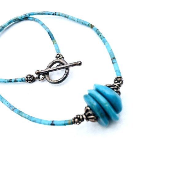 Vintage Heishi Necklace Turquoise Heishi and Nugget Beaded Necklace 16 in - Picture 5 of 10